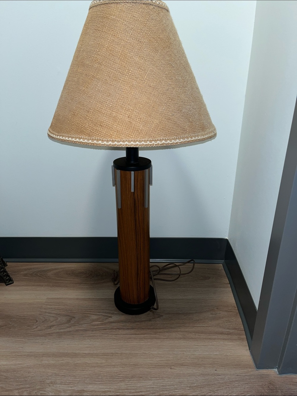 Classic Mid Century Modern heavy Wood Table Lamp with Beige Shade. 33”